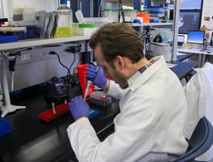 Jesse working on an assay in the Biomeme lab.
