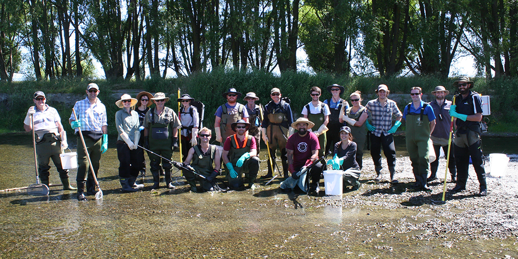 Patrick Cooney led a group of 20 researchers for an electrofishing and eDNA workshop. These scientists are from Hawkes Bay Regional Council, Waikato Regional Council, Taranaki Fish & Game, Wellington Fish & Game, and the University of Otago.