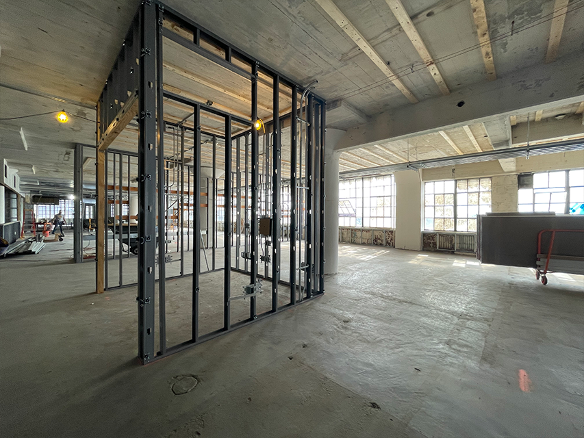 metal framing in place in construction of new headquarters